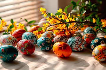 Painted and varnished Easter eggs drying on the windowsill.