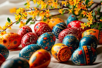 Close-up of colourful hand-painted Easter eggs surrounded by forsythia.