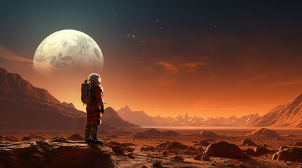 One astronaut spaceman planet Mars surface colony. Desktop banner, Video games - obrazy, fototapety, plakaty