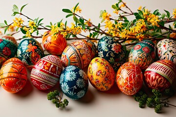 Fototapeta na wymiar Easter eggs painted with paints and varnished to a high gloss.