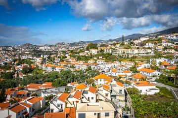 panoramic view over funchal and monte from cable car, aerial view, madeira, portugal, sea, mountains