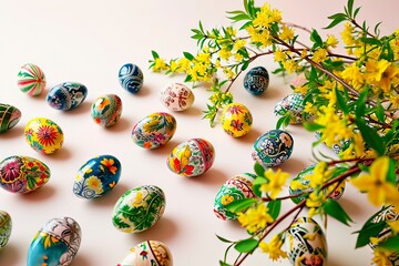 Hand-painted Easter eggs lying on a white tabletop.
