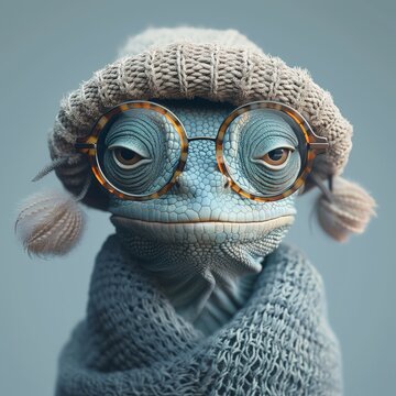 Close up of a head of an charming chameleon with a woolen hat and glasses. 3D character. Cartoon . Animation.