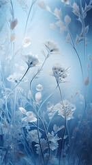 Elegant background of frozen flowers in ice, concept of cryotherapy for skin care. Delicate texture. Frosty beautiful natural winter or spring background.