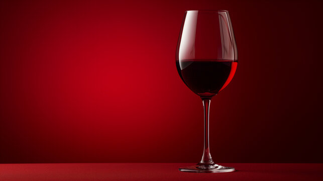 Glass of red wine on red background with copy space for your text