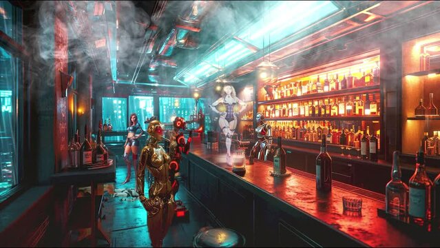 Futuristic bar with advanced robots and a vtuber avatar, under neon lights with a music visualizer ambiance, perfect for tech-themed visuals.