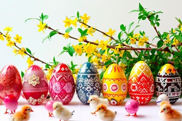 Little chickens walk among the colourful Easter eggs.