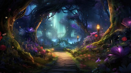 Enchanted forest pathway with vibrant flowers and mystical lighting. Fantasy world.