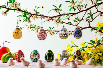Easter decorations composed of eggs and spring tree branches.