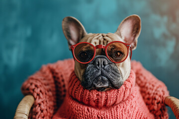 A stylish fawn-colored dog, wearing a red sweater and glasses, lounges indoors as a beloved pet of its human companions - obrazy, fototapety, plakaty
