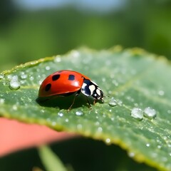 Fototapeta premium A Ladybug’s Delicate Steps Amidst Glistening Dew on Green Foliage