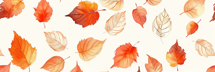 Watercolor seamless pattern, Elegant orange tines vintage leaves background.