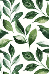 Watercolor seamless pattern, Elegant vintage green leaves background.