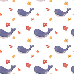 seamless pattern with watercolor cute whale, simple flowers. hand drawn children s background for fabrics print, baby s textile, wrapping, packaging paper. wallpaper for scrapbooking card