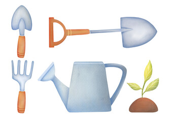 cute gardening tools set. shovel, rake, watering can, sprout collection. spring hand drawn watercolor illustrations isolated on transparent background. eco friendly hobby