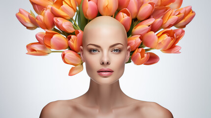 Beautiful young woman with bald head after chemotherapy on isolated white background with orange spring tulips, World Cancer Day.