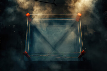 Aerial view of an illuminated boxing ring surrounded by smoke in a dimly lit environment, creating...