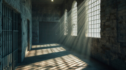 an empty prison corridor with windows and bars. Generative AI