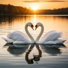 Two swans forming a heart shape, Heart shape, Sunset, valentine, valentine sunset