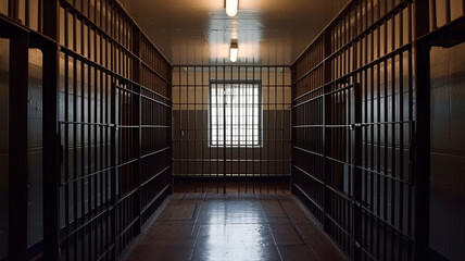 an empty prison corridor with windows and bars. Generative AI