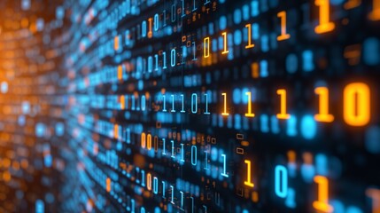 Digital binary code streaming on dark background, symbolizing data transfer