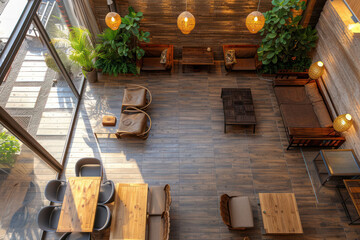 Modern cafe interior with wooden furniture, pendant lights, lush greenery, and cozy seating area in warm daylight.