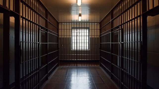 an empty prison corridor with windows and bars. Generative AI