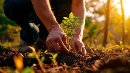 Close-up of hands planting a small plant in the ground. illustration of caring for the environment. greening the world. restoring nature. Generative AI