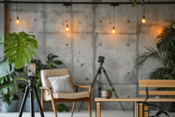 Modern interior space with concrete wall, warm lighting, the camera on a tripod, plants, and minimalistic furniture setup for photography.Blogging.