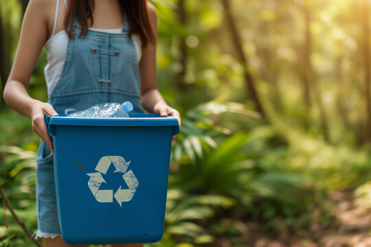 A girl holding a recicling bin against the background of a green forest.