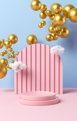 Empty pedestal stage template with clouds and golden balloons around.