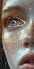 Fototapeta premium Close-up portrait of a person with glitter makeup, highlighting eye, golden hues, and detailed skin texture, conveying a vivid and artistic expression.