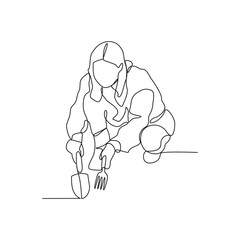 One continuous line drawing of someone who is gardening in his field by harvesting fruit, cleaning weeds and watering the plants vector illustration. Gardening activity illustration in simple linear.