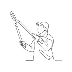 One continuous line drawing of someone who is gardening in his field by harvesting fruit, cleaning weeds and watering the plants vector illustration. Gardening activity illustration in simple linear.