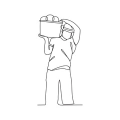 One continuous line drawing of someone who is gardening in his field by harvesting fruit, cleaning weeds and watering the plants vector illustration. Gardening activity illustration in simple linear.