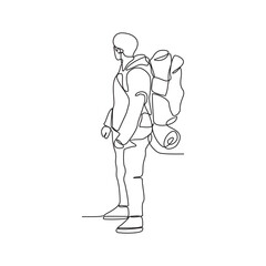 One continuous line drawing of a man is climbing a mountain carrying a carrier bag on his back vector illustration. Hiking and climbing activity illustration in simple linear style vector concept.