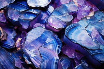 Fototapeta premium Reflective Mineral Texture of Blue and Purple Microscopic Crystals in Dynamic Rock Formation