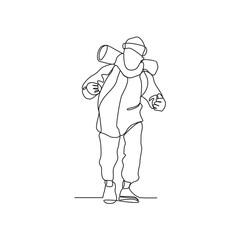 One continuous line drawing of a man is climbing a mountain carrying a carrier bag on his back vector illustration. Hiking and climbing activity illustration in simple linear style vector concept.
