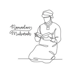 One continuous line drawing of a Muslim man read the Quran and praying in the mosque during Ramadhan vector illustration. Ramadhan Mubarak activity illustration in simple linear style vector concept.