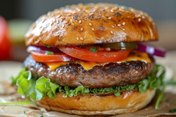 Classic cheeseburger on rustic wooden serving board. Hamburger with Black Angus cutlet, cheese, tomatoes, onion and salad leaves, topped with sesame seeds. Side view. Background image for the menu.