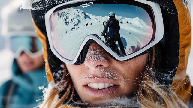 Close-up portrait of a female snowboarder or skier wearing protective helmet and ski goggles. Beautiful smiling Caucasian woman in ski goggles with reflection of snowed mountains and blue sky.