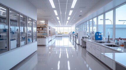 Modern bright biological applied science laboratory with microscopes, glass test tubes, desktop computers and displays. Advanced biotechnology lab for vaccine development.