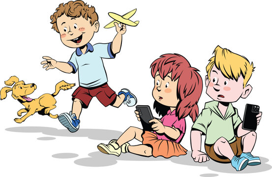 Color vector illustration of children with smartphones and a boy running and playing with a dog and a plane. 