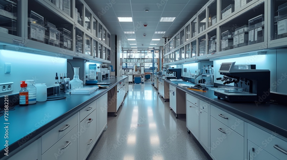 Aufkleber modern bright biological applied science laboratory with microscopes, glass test tubes, desktop comp