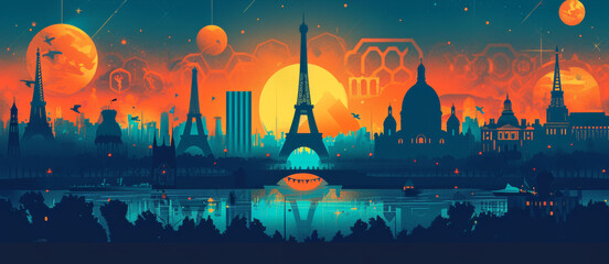 Sunset over Paris skyline creates a stunning backdrop with iconic silhouettes and reflections. - obrazy, fototapety, plakaty