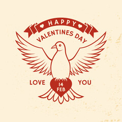Happy valentines day. Vector illustration. Vintage with dove holding heart. Template for Valentine s Day greeting card, banner, poster, flyer with dove holding heart