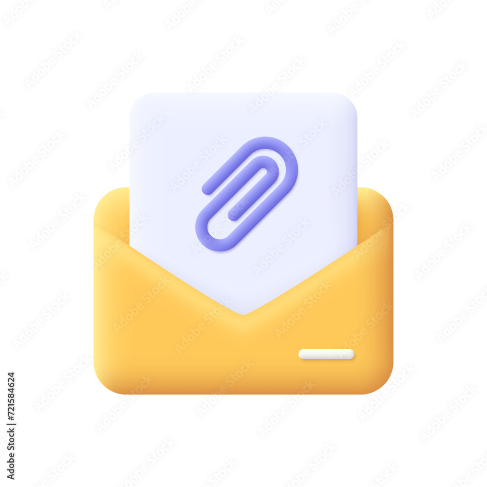 Poster open envelope with document and paper clip. post, correspondence concept. 3d vector icon. cartoon mi
