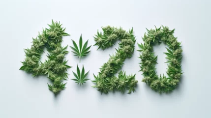 Fotobehang 4:20 Day made of cannabis leaves. 420, celebration and consumption of cannabis and marijuana, liberalization and legalization. © Synaptic Studio