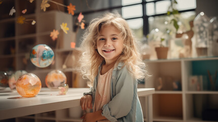 A cute blonde girl stands next to a table with glass globes and spheres in the classroom, a student