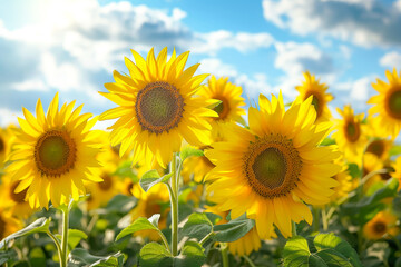 Fototapeta premium Generate a cheerful and uplifting painting of a field of sunflowers, with their bright yellow petals shining under the warm sun